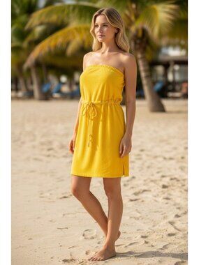 Beach Break Yellow Terry Cloth Strapless Cover-Up Dress XL With Rope Detail 34"